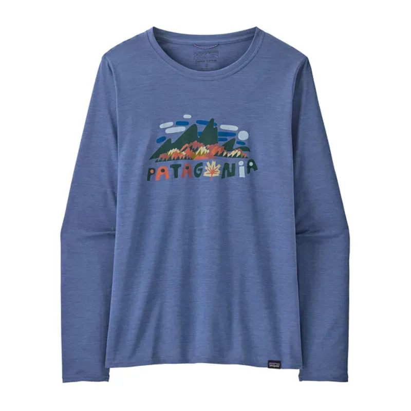 Patagonia Women's Long-Sleeved Capilene Cool Daily Graphic Shirt In Fitz Roy Foliage Current Blue X-Dye
